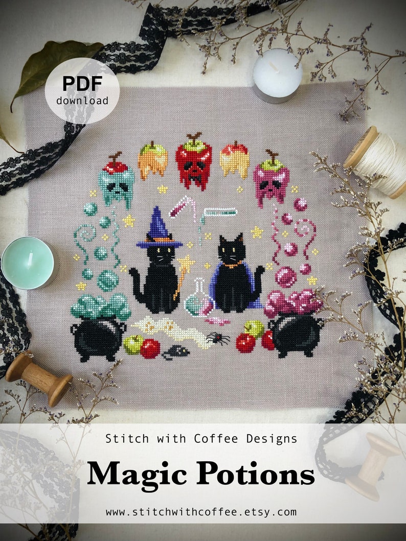 May include: A cross-stitch pattern featuring two black cats with witch hats, a cauldron, potion bottles, apples, and stars. The pattern is titled "Magic Potions" and includes the website "stitchwithcoffee.etsy.com".