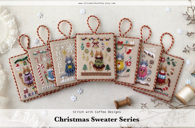 PDF Instant Download Christmas Sweater Cat Cross Stitch Gingerbread House Snowflakes Reindeer Christmas Stitching Winter December image 5