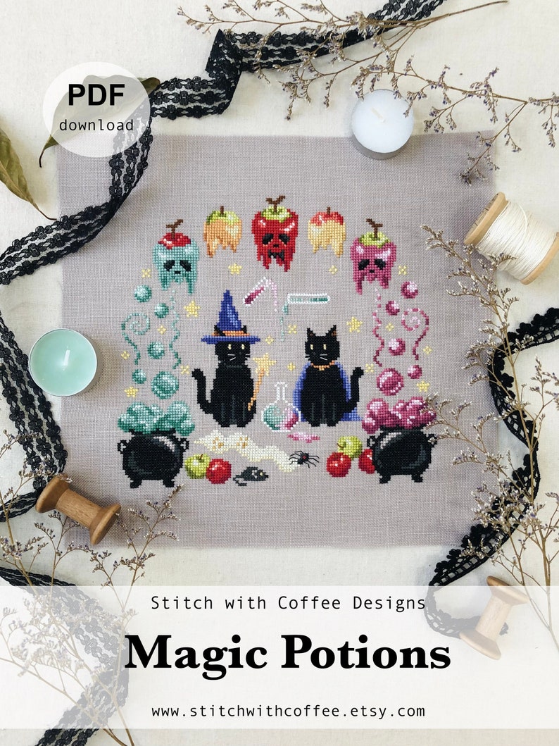 May include: Cross stitch pattern featuring two black cats, a cauldron, and various potion ingredients. The pattern is surrounded by a border of apples and stars. The text "Magic Potions" is displayed below the pattern, along with the website "www.stitchwithcoffee.etsy.com".