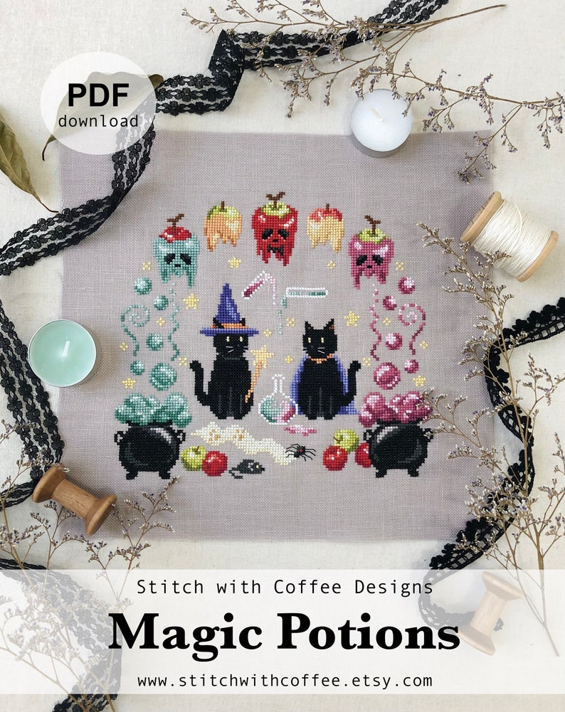 May include: Cross stitch pattern featuring two black cats with witch hats brewing magic potions in cauldrons. The pattern includes apples, spiders, and other Halloween-themed elements. The text "Stitch with Coffee Designs Magic Potions www.stitchwithcoffee.etsy.com" is at the bottom of the pattern.