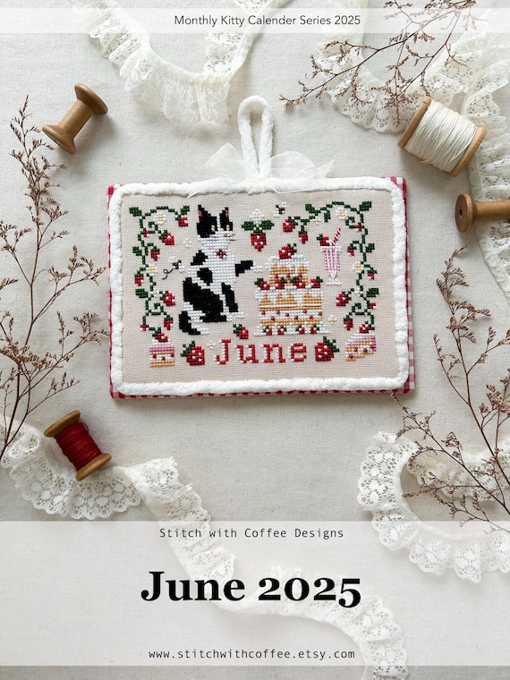 June 2025 Kitty Calender Series Strawberry Summer Strawberry shortcake frappe includes printable calender Tuxedo Cat design kitty
