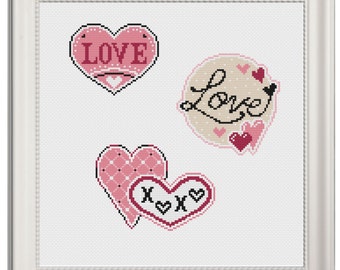 Valentine's day Cross stitch pattern Set of Three Small Cross stitch chart Cross stitch pattern Valentine's Day Heart Ornaments Card XOXO