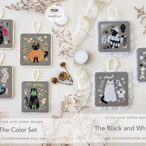15% off The Whole Set 7 Halloween Cat Costume cross stitch PDF chart Fall Halloween Cross stitch PDF pattern stitchwithcoffee