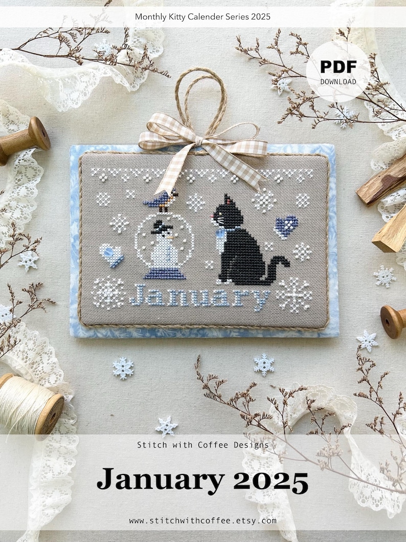May include: Cross stitch pattern for a January calendar featuring a black cat and a snowman in a snow globe. The pattern is titled "January" and is part of a monthly kitty calendar series. The pattern is available as a PDF download.