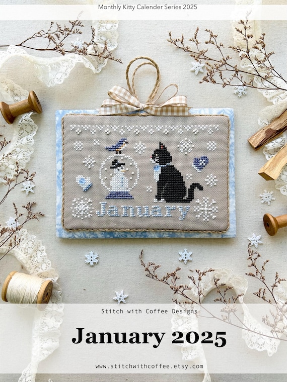 January 2025 Kitty Calender Series Winter New Year Tuxedo cat snowflakes snowman winter wonderland christmas includes printable calender
