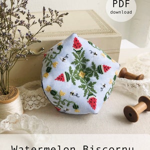 PDF Cross stitch Watermelon Biscornu summer cross stitch Fruit pin cushion watermelon mandala design modern cross stitch cottage core