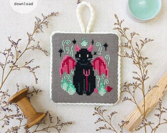 Devil Cat Halloween Cat Costume cross stitch modern chart pattern devil flames devil cat costume cross stitch small ornament