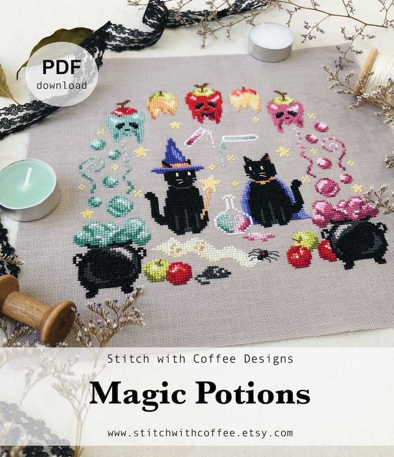 May include: A cross-stitch pattern featuring two black cats, a cauldron, potion bottles, apples, and stars. The text "Magic Potions" is at the bottom of the design. The pattern is available as a PDF download from Stitch with Coffee Designs.