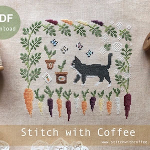 PDF Download Modern cat cross stitch pattern chart tuxedo cat carrot garden farm easter seasonal spring farm gardening Tuxey Series