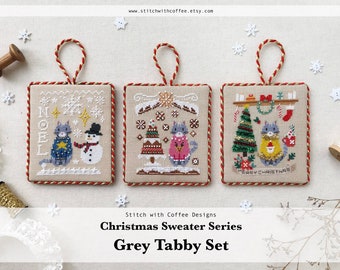 10% OFF Grey Tabby Set Christmas Sweater Series PDF INSTANT Downloadable / Snowman Gingerbread Merry Christmas/ StitchwithCoffee Designs