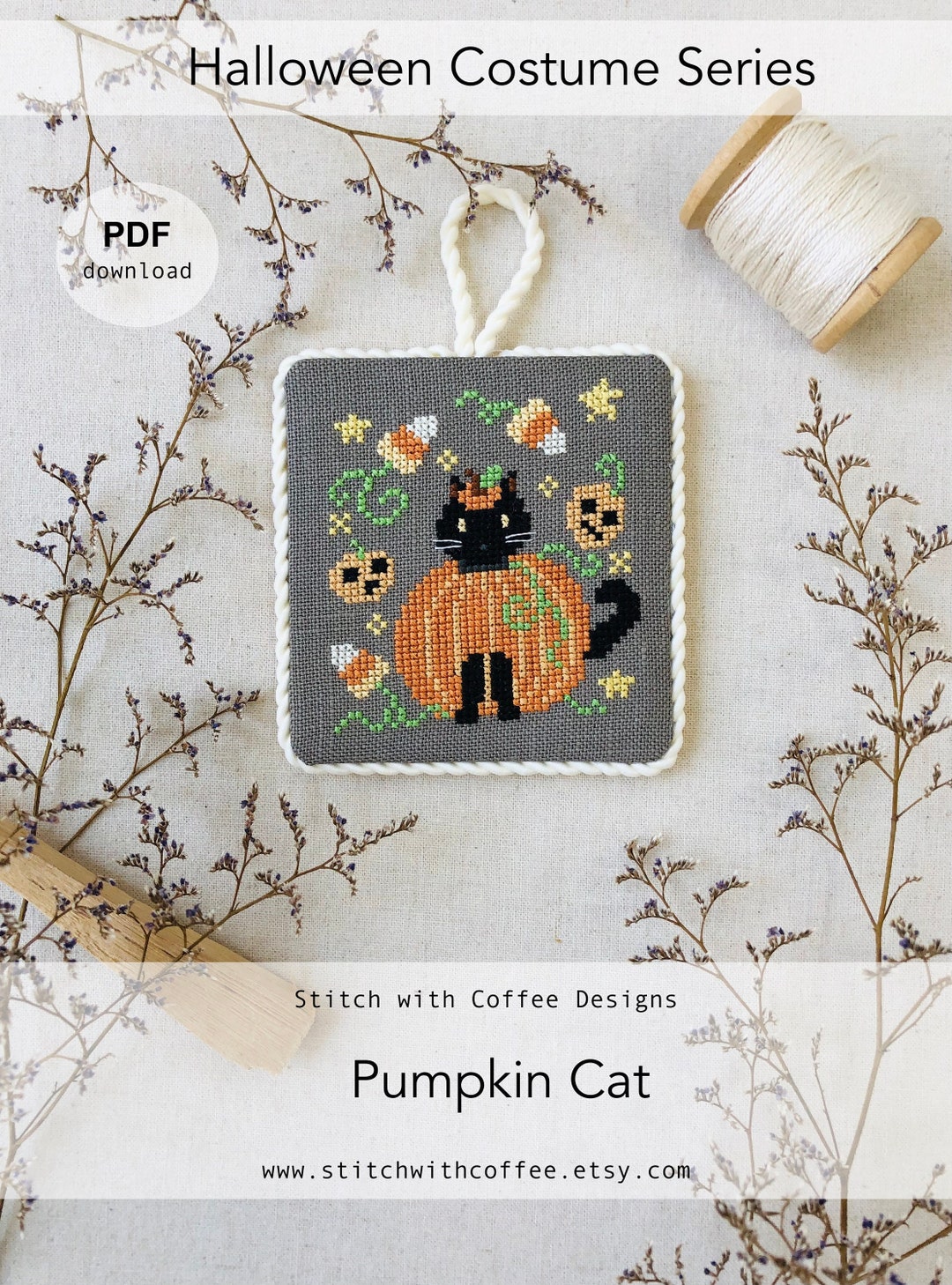 Pumpkin Cat Halloween Cat Costume Cross Stitch Modern Chart Pattern ...