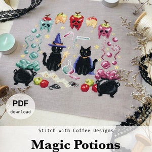 May include: A cross-stitch pattern featuring two black cats wearing witch hats, surrounded by potion bottles, cauldrons, apples, and stars. The pattern is titled "Magic Potions" and includes the website "www.stitchwithcoffee.etsy.com".
