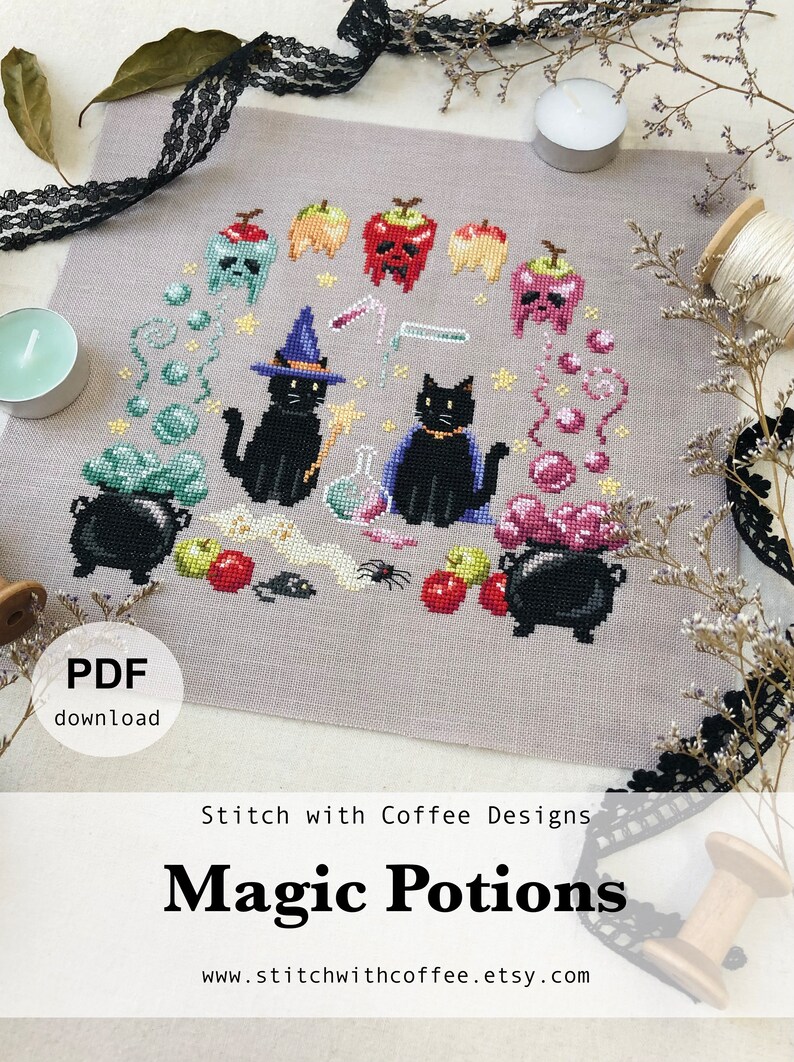 May include: A cross-stitch pattern featuring two black cats wearing witch hats, surrounded by potion bottles, cauldrons, apples, and stars. The pattern is titled "Magic Potions" and includes the website "www.stitchwithcoffee.etsy.com".