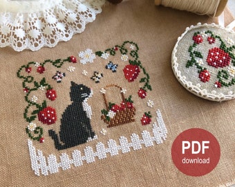 Cross stitch pattern Cat Tuxedo Strawberry farm PDF Download cross stitch chart Strawberries shabby chic style farm white fence Tuxey Series