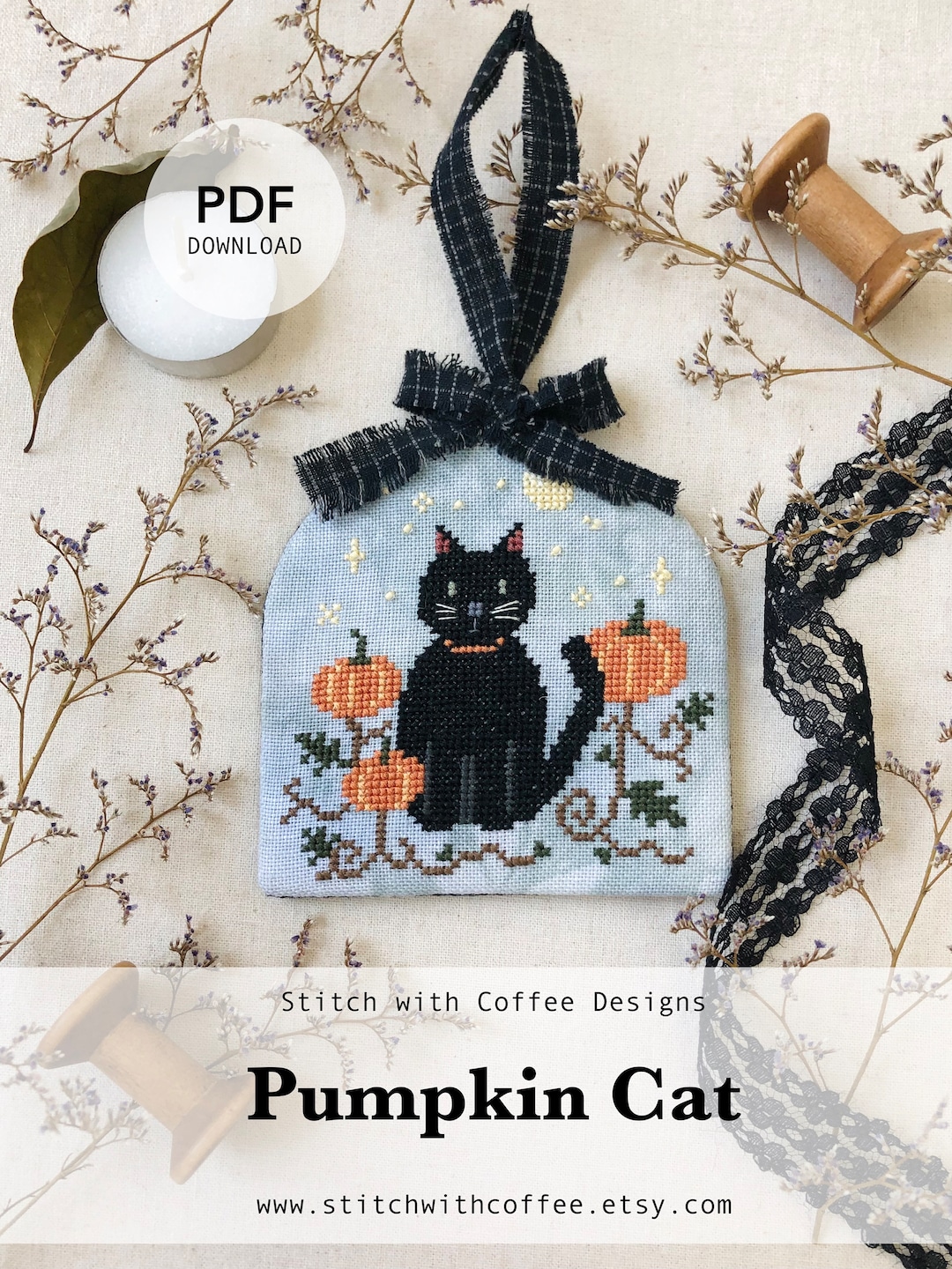 Pumpkins and Black Cat Cross Stitch PDF Pattern Halloween Black Cat ...