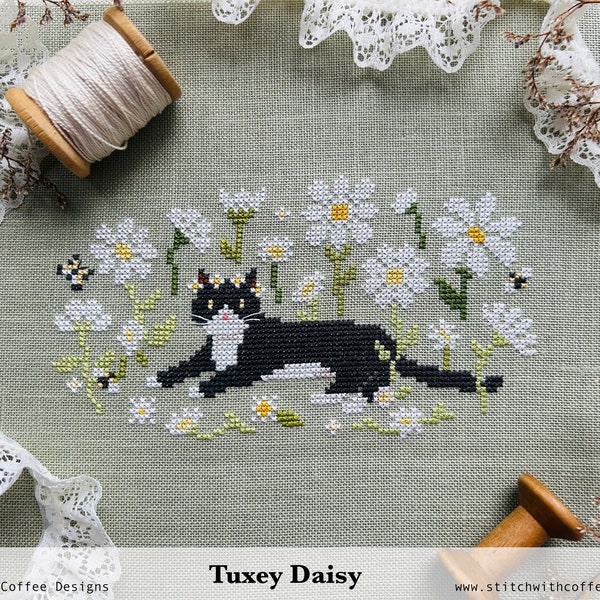 Tuxey Daisy - Cross stitch pattern Cat Tuxedo cat Daisies PDF Download cross stitch chart shabby chic style Tuxey Series