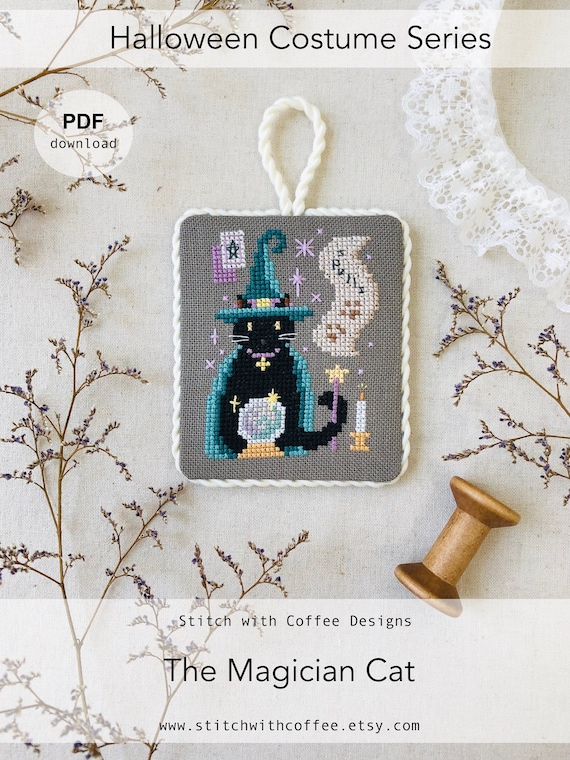 The Magician Cat Halloween Cat Costume cross stitch modern chart pattern magic magician black cat spells magic witchy spooky crystal ball