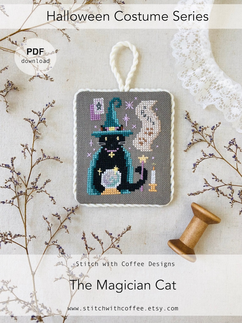 May include: Cross stitch pattern featuring a black cat dressed as a magician with a green hat, a crystal ball, and a wand. The pattern is titled "The Magician Cat" and is available as a PDF download from Stitch with Coffee Designs.