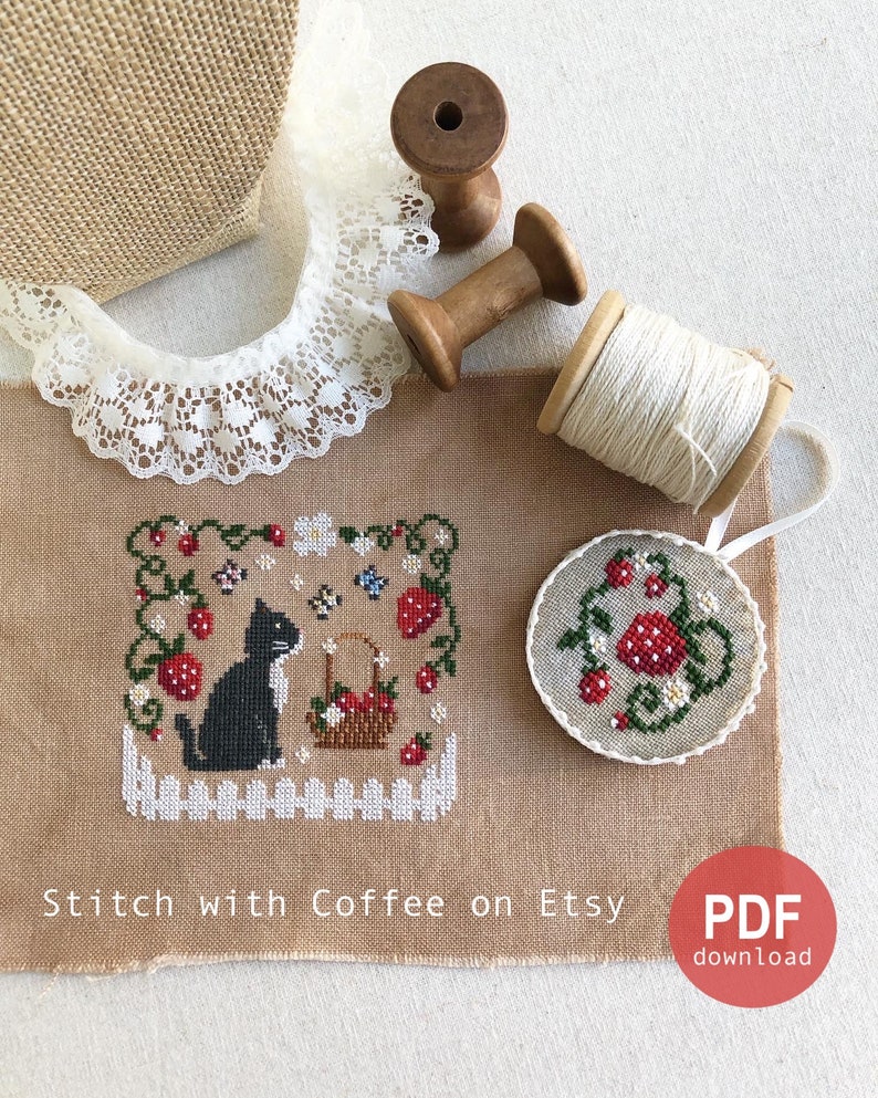 Cross Stitch Pattern Cat Tuxedo Strawberry Farm PDF Download Etsy