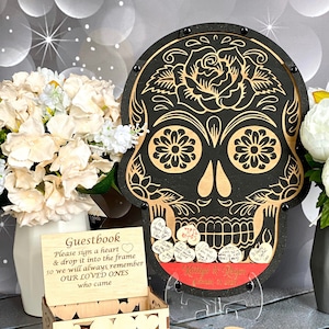 Alternativa para libro de firmas de boda con calaveras, libro de firmas de boda con calaveras de azúcar para Halloween, ideas para bodas góticas