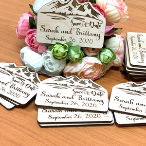 Mountains save the date wedding magnets, Save the dates,Wood save the date engraved magnets , Wedding save the date mountains