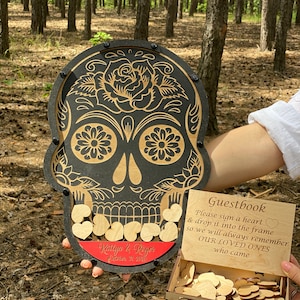 Halloween wedding guest book  alternative , Sugar Skull guest book wedding sign, Heart guest book frame