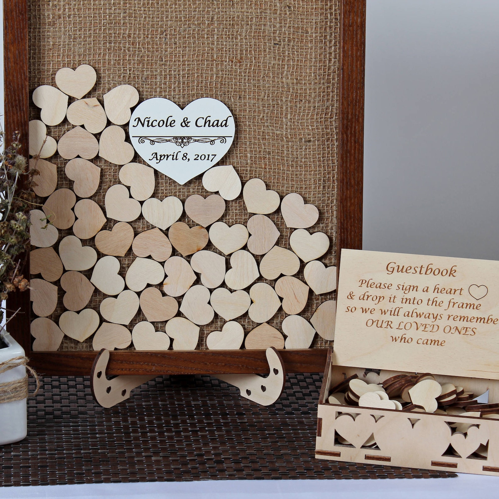 Colingmill Wooden Wedding Guest Book Alternative With 100 Wood Hearts Chips, Drop Box And Pen Eucalyptus Leaves Theme Heart Picture Frame Rustic Wedding Guest Book Decor For Reception Ceremony(Wood