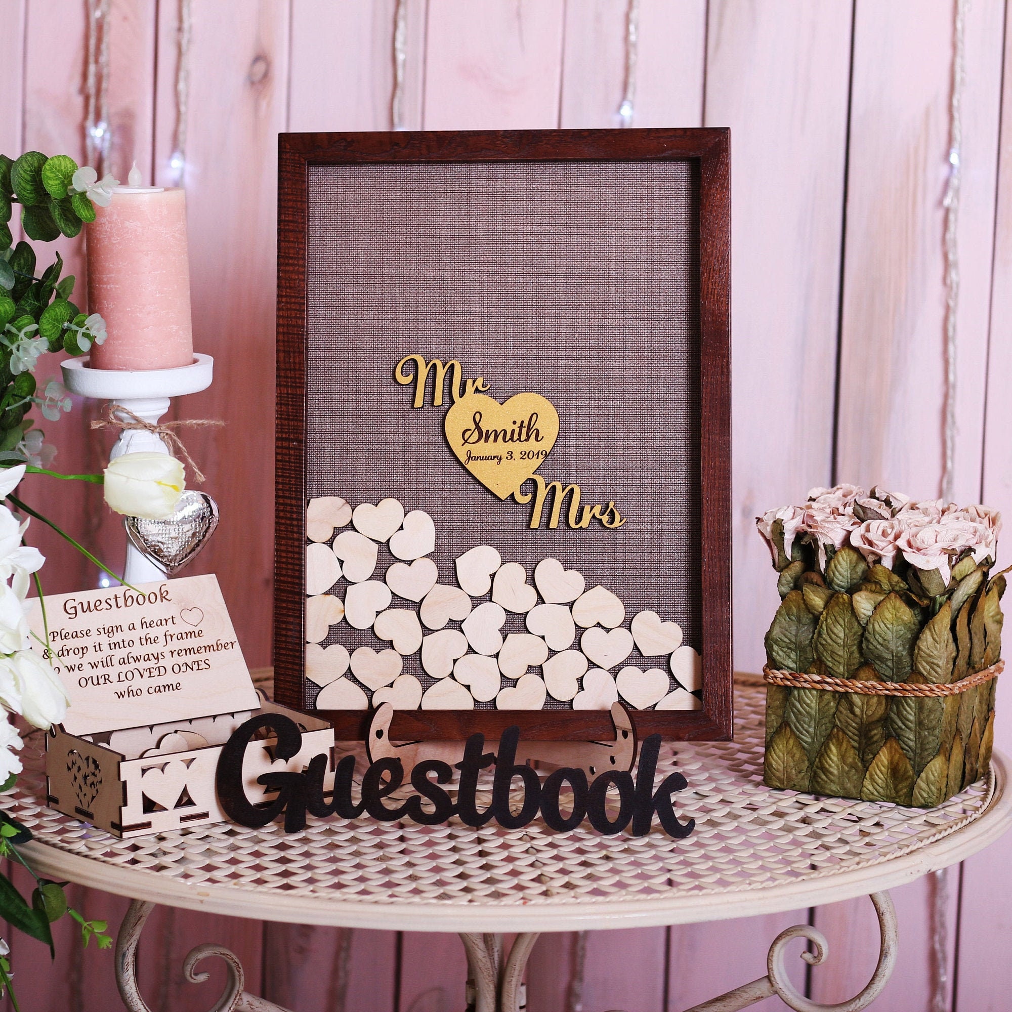 Alternative Wedding Guest Book, Wooden Hearts Guest Book Frame, Drop Box  Guestbook 