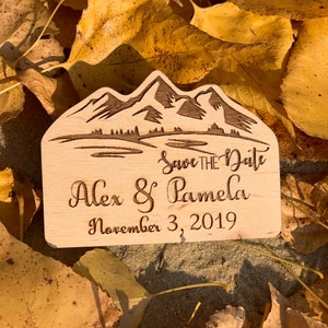 Mountains wedding save the date magnet,Save the dates,Wood save the date engraved magnets , Wedding save the date mountains