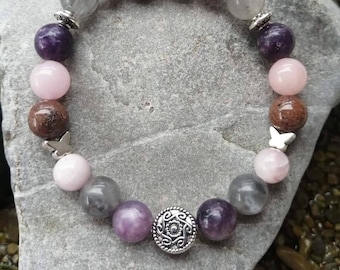 Bracelet lepidolite, Quartz nuage, kunzite, aventurine violette, quartz rose