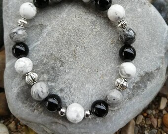 Bracelet élastique en perles de jaspe Picasso, onyx et howlite avec breloque renard