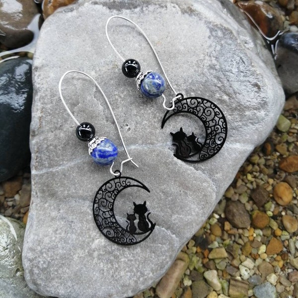 Boucles d'oreilles chat lapis lazuli et onyx