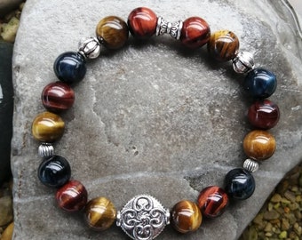 Triple protection bracelet, bull&#39;s eye, tiger&#39;s eye and hawk&#39;s eye