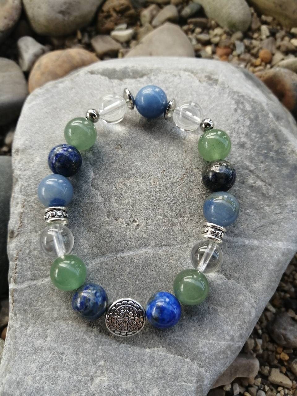Blue and green aventurine, lapis lazuli and rock crystal bracelet