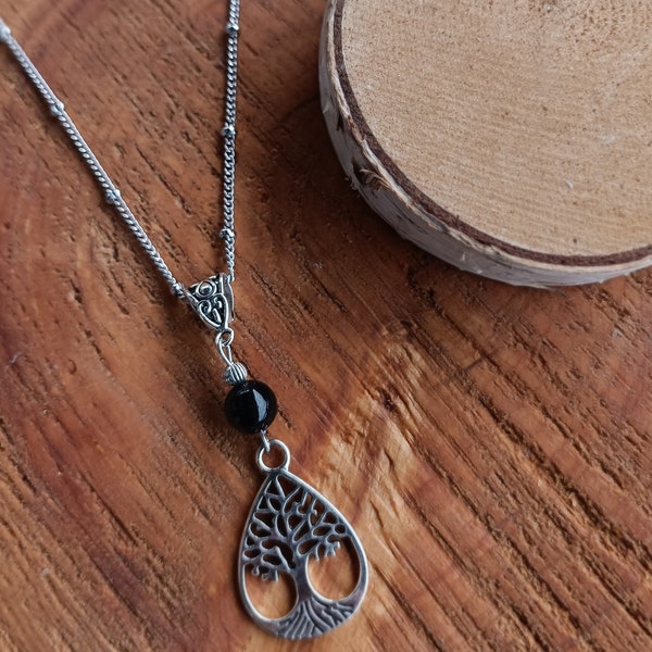 Collier arbre de vie avec perle en obsidienne