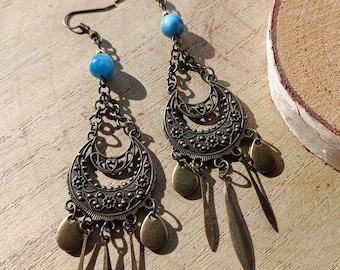 Boucles d'oreilles bronze bohème ethnique orientales avec perles en apatite