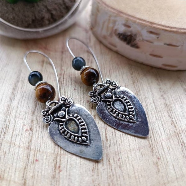 Oriental ethnic earrings with tiger's eye and hawk's eye beads