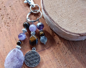 Bag charm, keychain, flower of life, with amethyst and tiger's eye beads