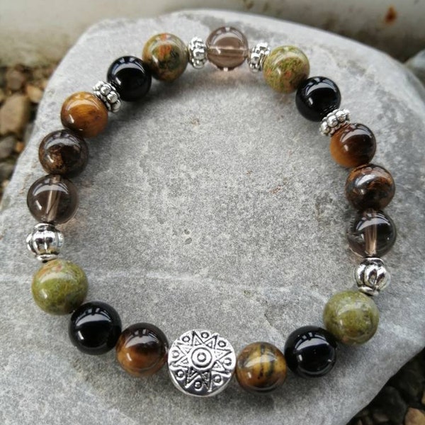 Bracelet élastique avec perles unakite, onyx noir, œil de tigre, quartz fumé et bronzite