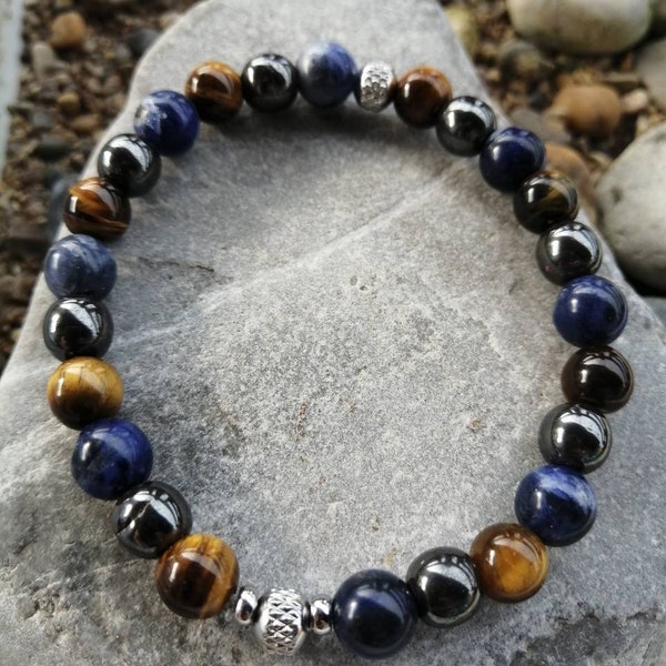 Bracelet homme, sodalite, œil de tigre et hématite