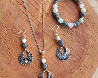 Conjunto de collar, pendientes y pulsera, labradorita y aguamarina