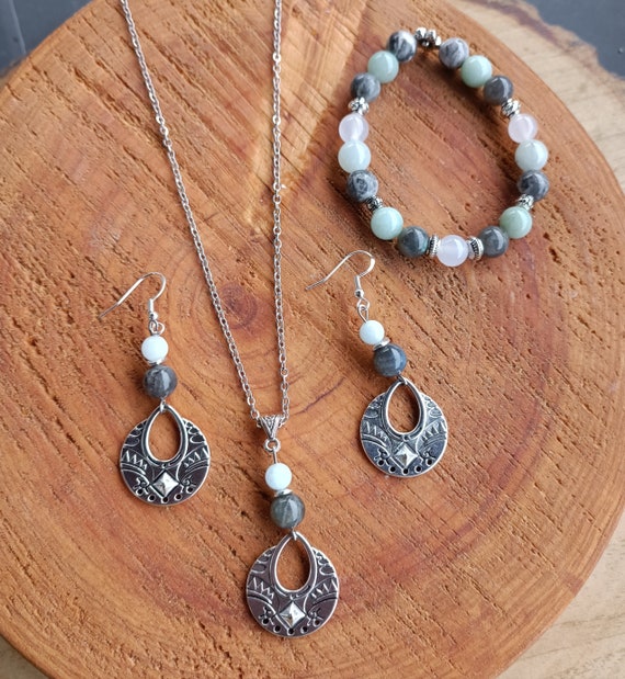 Parure collier, boucles d'oreilles et bracelet, labradorite et aigue marine