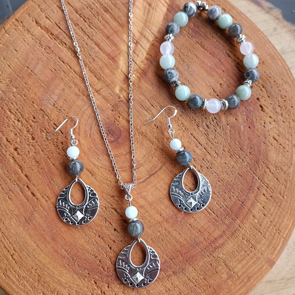 Parure collier, boucles d'oreilles et bracelet, labradorite et aigue marine