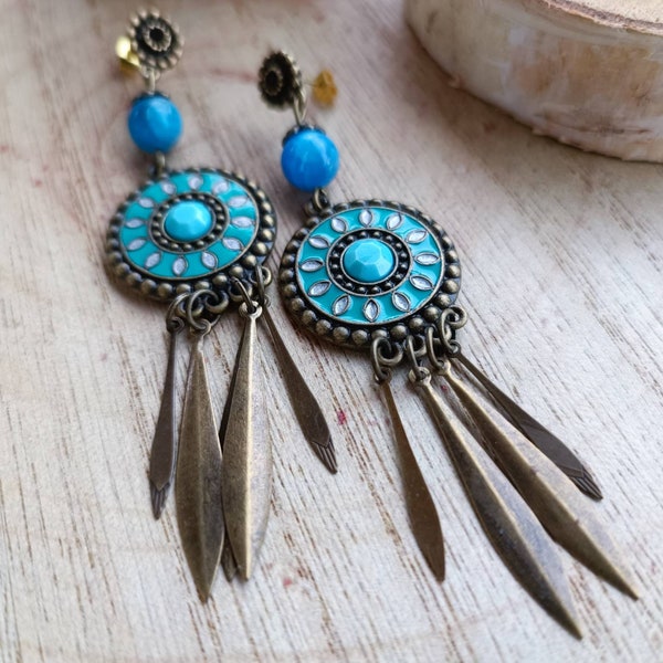 Boucles d'oreilles bohème orientales bronze avec perles en Apatite