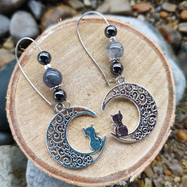 Boucles d'oreilles chat sur lune avec perles en hématite et Quartz nuage