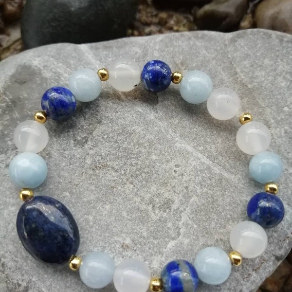 Bracelet lapis-lazuli, aigue marine et agate blanche
