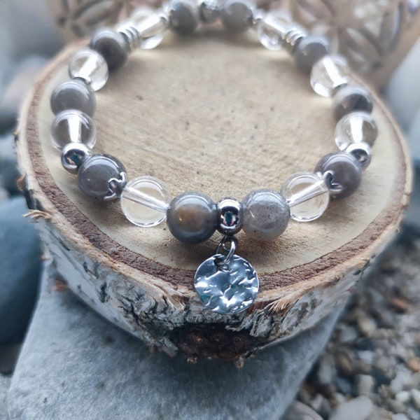 Bracelet élastique en perles de labradorite et cristal de roche