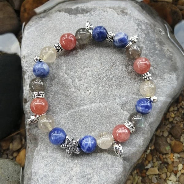 Bracelet élastique en perles de pierre de soleil, sodalite, labradorite et quartz rutilé