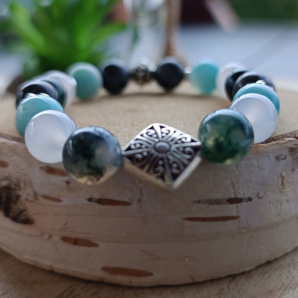 Bracelet élastique en perles d'Amazonite, agate mousse, larvikite et agate blanche