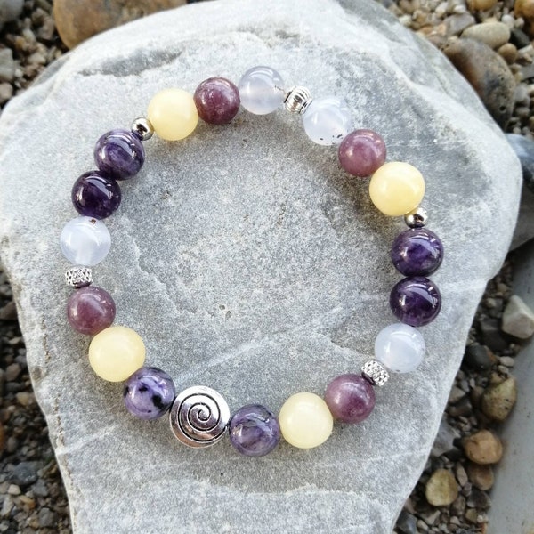 Bracelet élastique pour la défense du système immunitaire : lépidolite, calcite jaune, améthyste, charoite et calcédoine